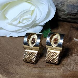 Vintage RARE Gold Tone Mesh Wrap Cufflinks Faux Topaz Citrine Colored Gemstones